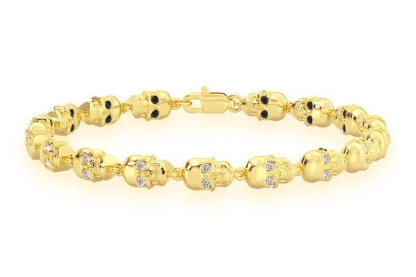 Black Diamond & White Diamond Skull Link Bracelet 14k Solid Gold 1.50ctw