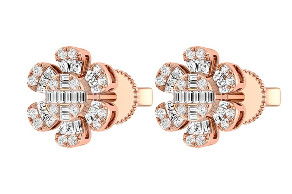 Floral Baguette & Round Diamond Stud Earrings 14k Solid Gold 0.50ctw