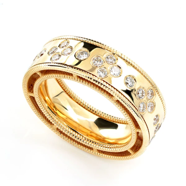 Gypsy Set Cluster Border Band Ring 14k Solid Gold 0.70ctw