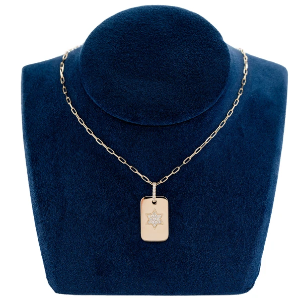 Star Of David Dog Tag Diamond Necklace Attached 14k Solid Gold 0.19ctw