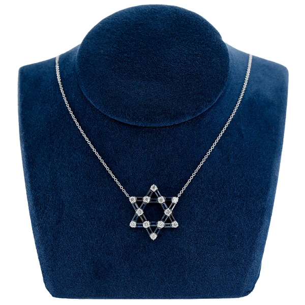 Sapphire And Diamond Star Of David Pendant Attached Necklace 14k Solid Gold 3.80ctw