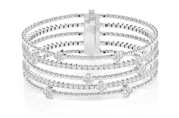 Five Row Beaded Diamond Clover Flex Bangle Bracelet 14k Solid Gold 4.80ctw 