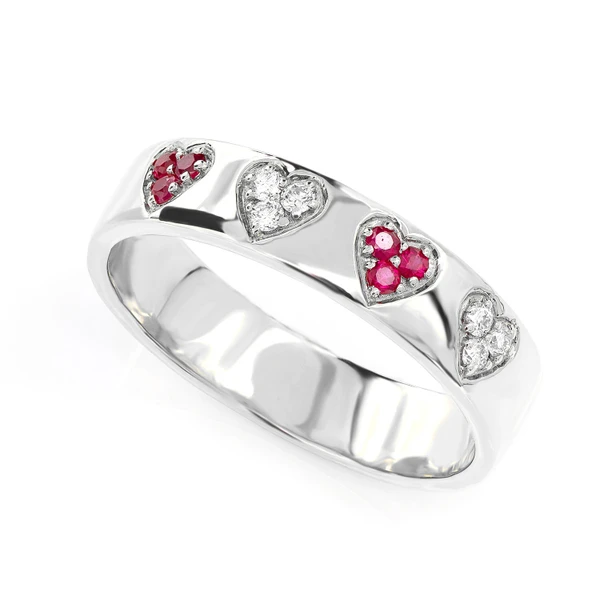Ruby And Diamond Cluster Heart Band Ring 14k Solid Gold 0.12ctw