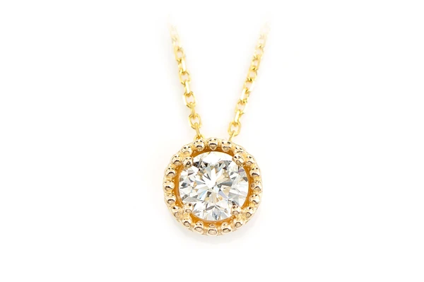 Beaded Halo Diamond Solitaire Pendant Attached Necklace 14k Solid Gold 0.45ctw
