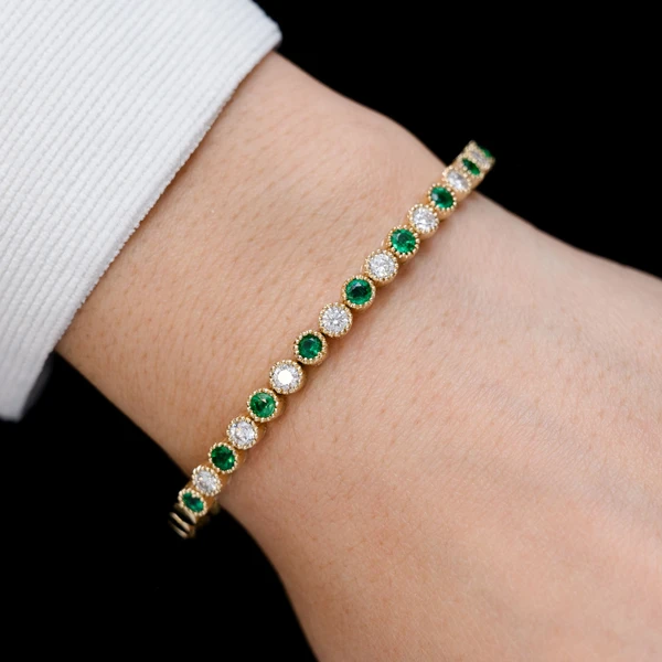 Emerald And Diamond Beaded Milgrain Flex Bangle Bracelet 14k Solid Gold 2.10ctw
