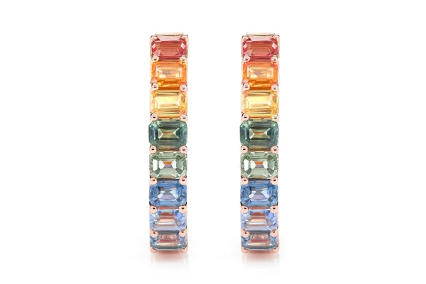 Rainbow Colored Sapphire Inside Outside Hoop Earrings 14k Solid Gold 7.10ctw