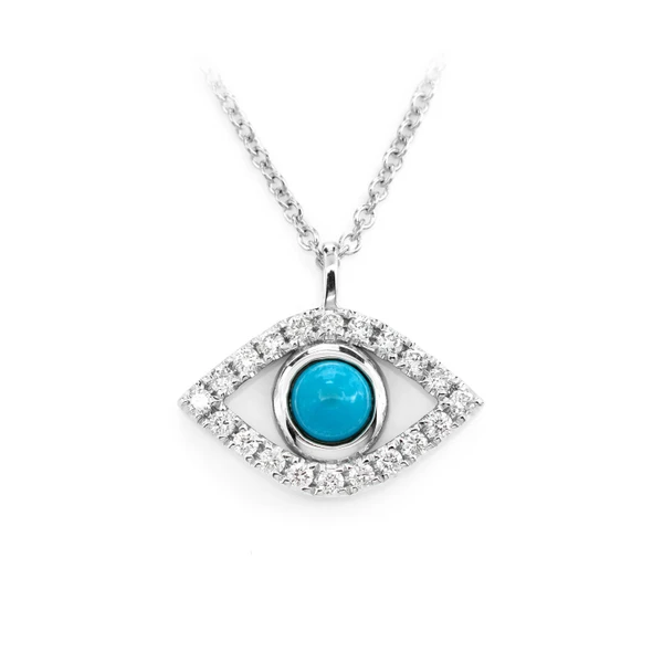 Turquoise And Diamond Evil Eye Pendant Attached Necklace 14k Solid Gold 0.25ctw