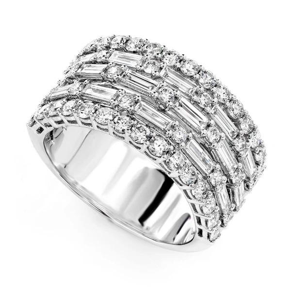 Five Row Baguette And Round Diamond Band Ring 14k Solid Gold 2.30ctw 