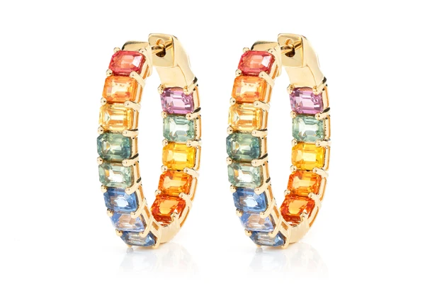 Rainbow Colored Sapphire Inside Outside Hoop Earrings 14k Solid Gold 7.10ctw