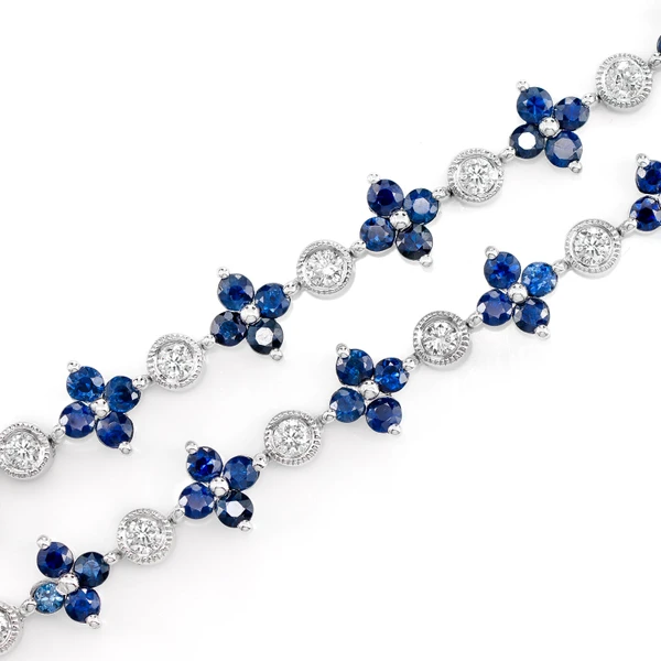 Sapphire Flower And Diamond Bezel Necklace 14k Solid Gold 1.65ctw