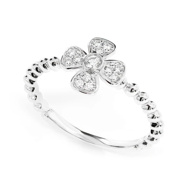 Beaded Diamond Bezel Flower Ring 14k Solid Gold 0.10ctw