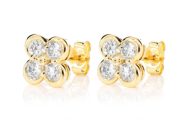 Diamond Clover Stud Earrings 14k Solid Gold 0.95ctw