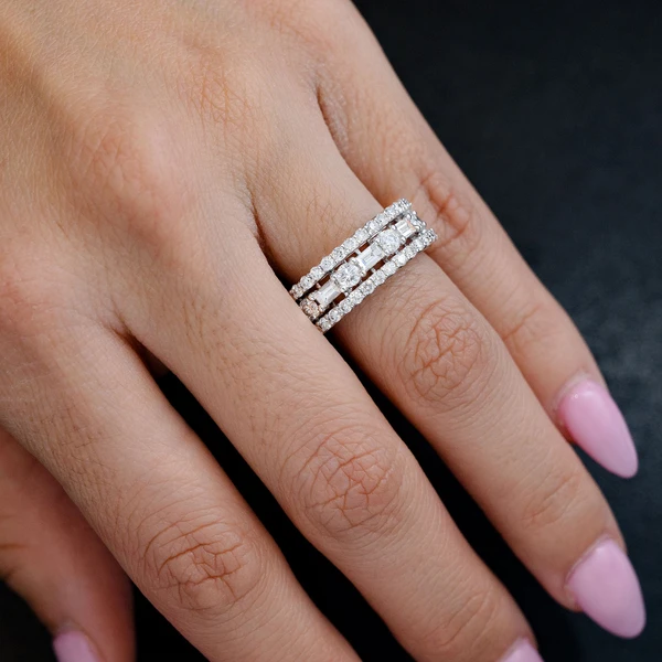 Round And Baguette Bridge Diamond Band Ring 14k Solid Gold 1.65ctw