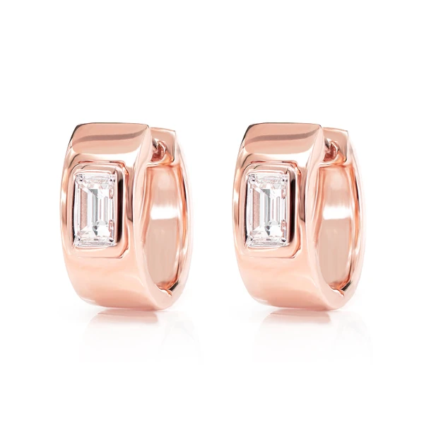 Diamond Solitaire Baguette Framed Huggie Earrings 14k Solid Gold 0.38ctw