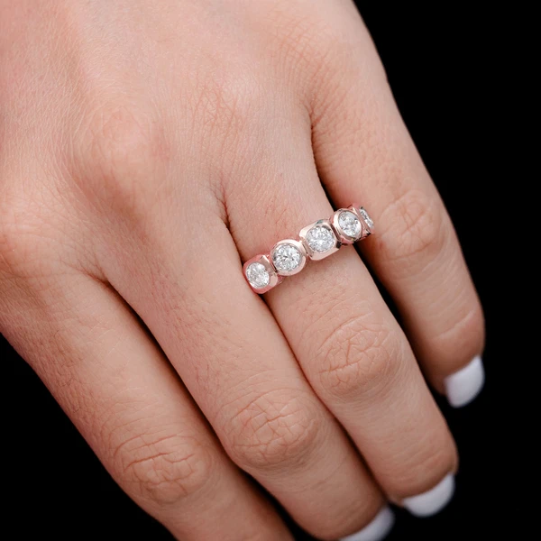 Five Stone Round And Square Bezel Set Band Ring 14k Solid Gold 0.95ctw 