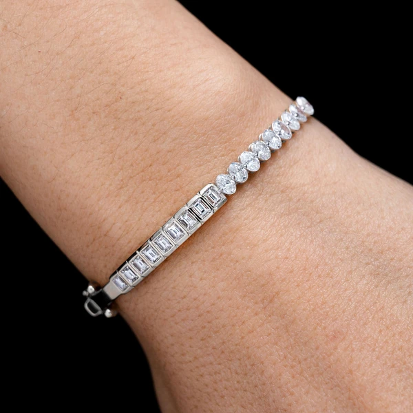Bezel Set Baguette And Oval Diamond Bangle Bracelet 14k Solid Gold 1.85ctw 