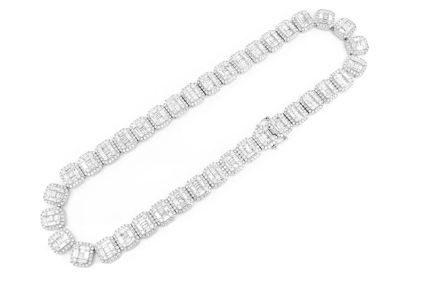 Round & Baguette Rectangle Link Diamond Necklace 14k Solid Gold 49.75ctw
