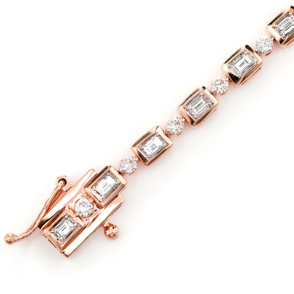Diamond Baguette And Round Bezel Alternating Link Bracelet 14k Solid Gold 1.20ctw