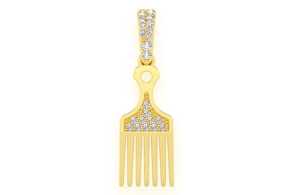 Hair Pick Comb Diamond Pendant 14k Solid Gold .05ctw