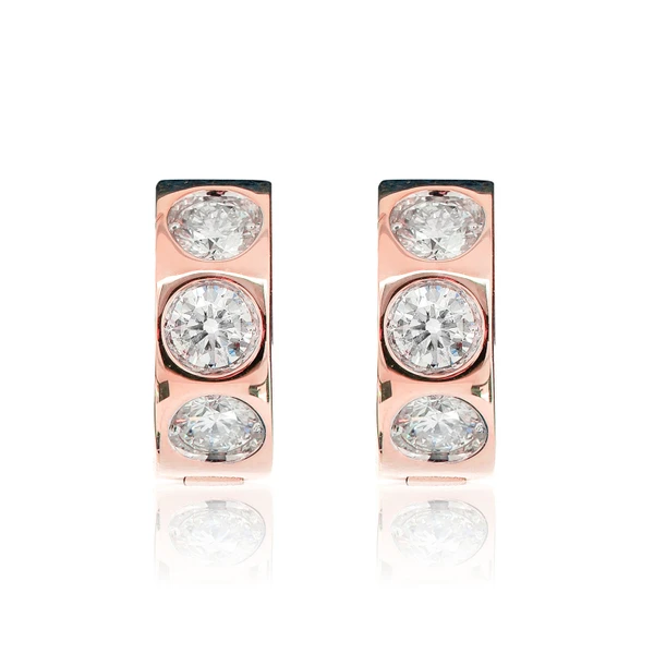 Three Stone Diamond Bezel Set Huggie Earrings 14k Solid Gold 0.95ctw