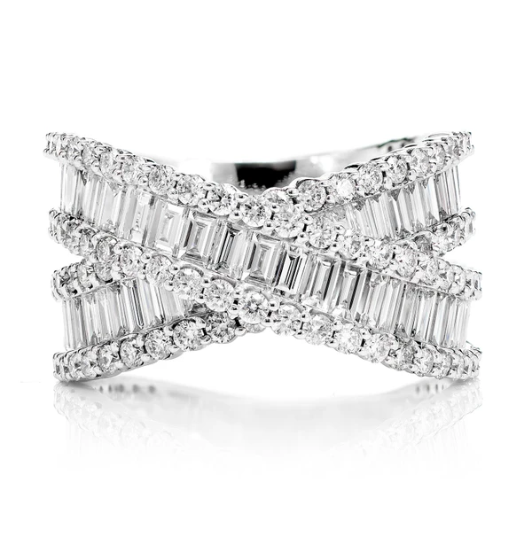 Cross Over Baguette And Round Diamond Ring 14k Solid Gold 2.40ctw