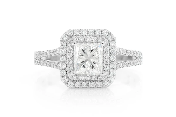 1.00ct Princess Cut - Double Halo Split Shank - Diamond Engagement Ring - All Natural