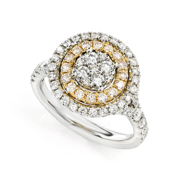 Double Halo Round Cluster Diamond Ring 14k Solid Gold 1.15ctw