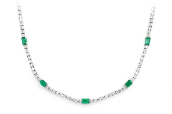 Diamond Tennis Necklace With Emerald Gemstones 14k Solid Gold 5.90ctw