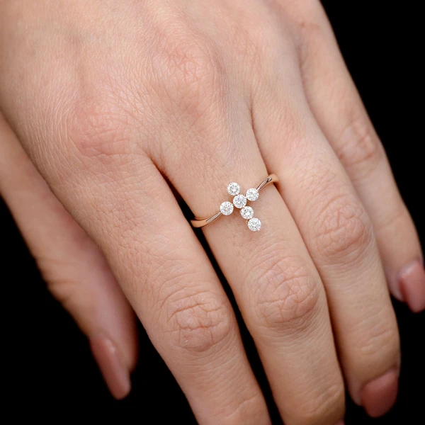 Twist Bezel Diamond Cross Ring 14k Solid Gold 0.40ctw 