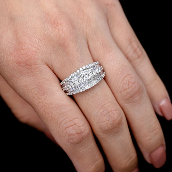 Tapered Two Row Baguette And Round Diamond Ring 14k Solid Gold 1.95ctw