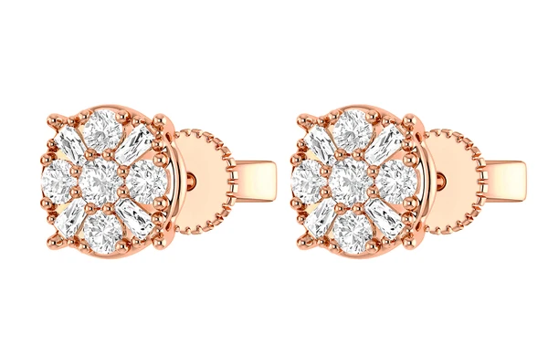 Baguette Round Cluster Stud Earrings 14k   