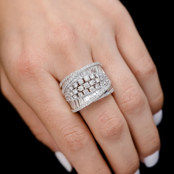 Baguette Border And Round Mulit-Row Wide Band Ring 14k Solid Gold 4.50ctw