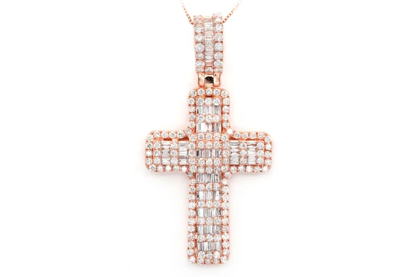 4 Layer Baguette & Round Cross Pendant 14k Solid Gold 3.50ctw