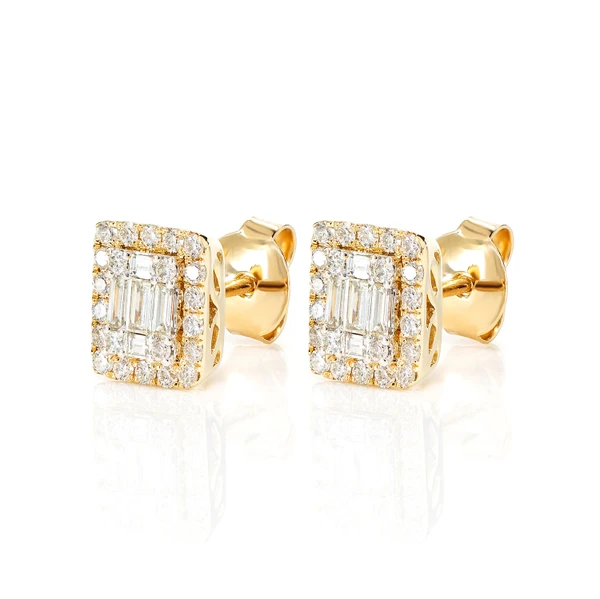Halo Diamond Baguette Stud Earrings 14k Solid Gold 0.70ctw