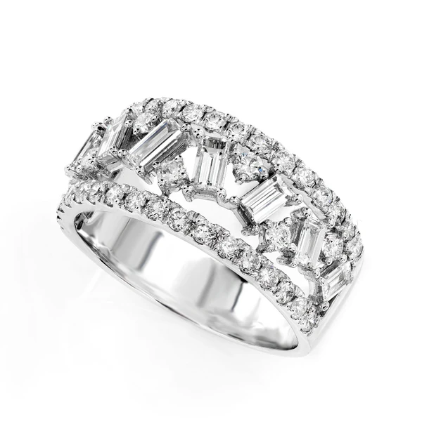 Open Alternating Baguette And Round Diamond Ring 14k Solid Gold 1.80ctw 