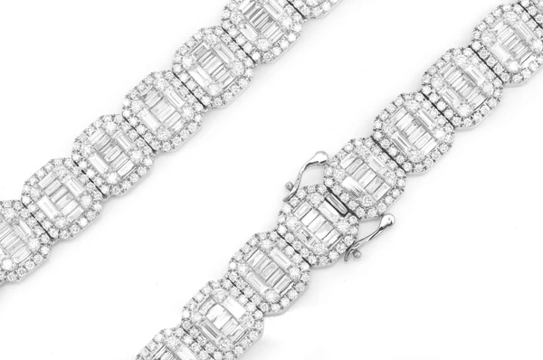 Round & Baguette Rectangle Link Diamond Necklace 14k Solid Gold 49.75ctw