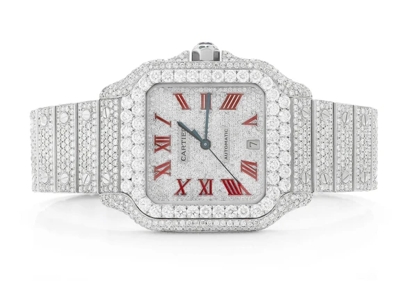 Cartier Santos De Cartier Steel 40MM (4072) - 20.50ctw Fully Iced Out - Custom Red Enamel Pave Dial