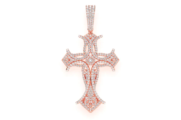 Filigree Bezel Cross Diamond Pendant 14k Solid Gold 3.00ctw