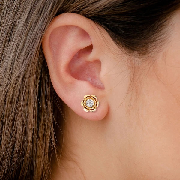 Bloomed Flower Diamond Cluster Stud Earrings 14k Solid Gold 0.15ctw