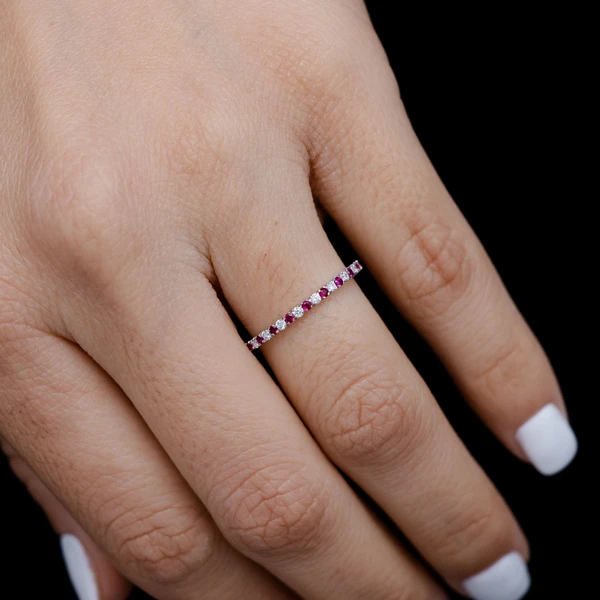 Ruby And Diamond Shared Prong Alternating Band Ring 14k Solid Gold 0.25ctw