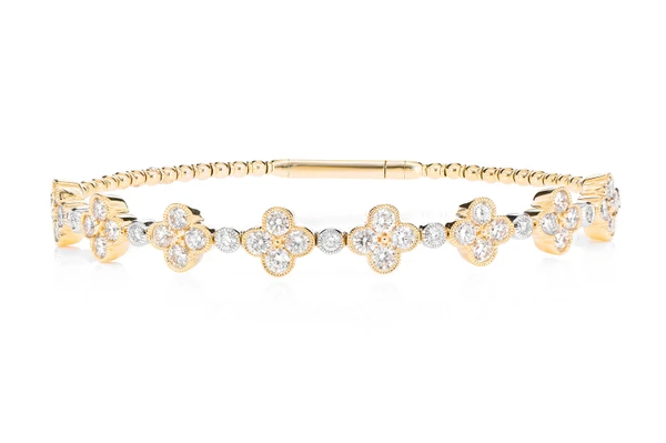 Milgrain Diamond Clover Flex Bangle Bracelet 14k Solid Gold 2.80ctw