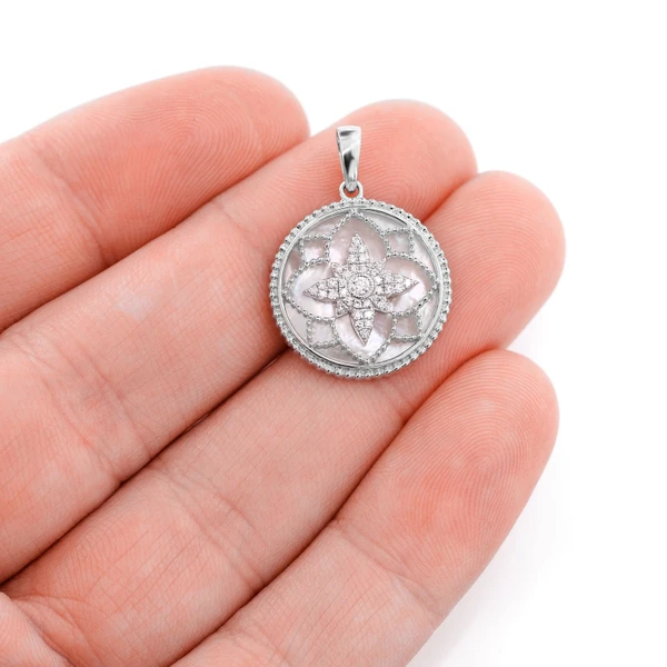 Mother Of Pearl And Diamond Milgrain Flower Medallion Pendant 14k Solid Gold 3.00ctw