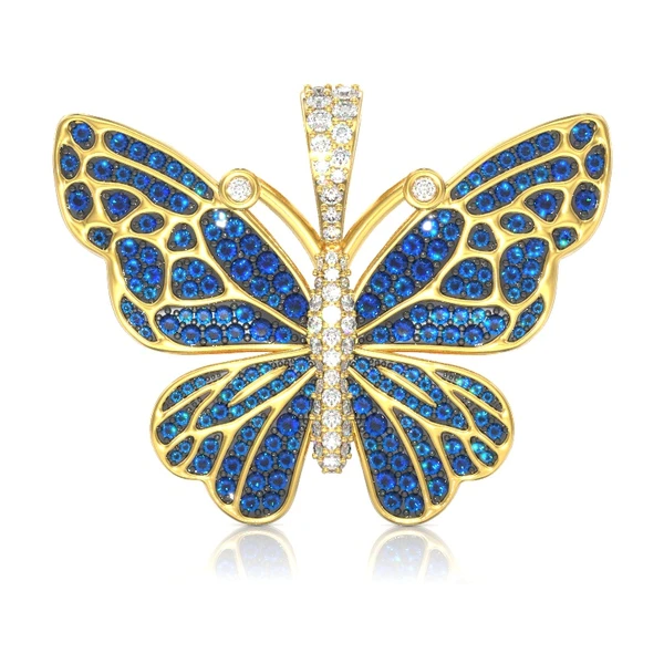 Butterfly Blue Diamond Pendant 14k Solid Gold 1.75ctw