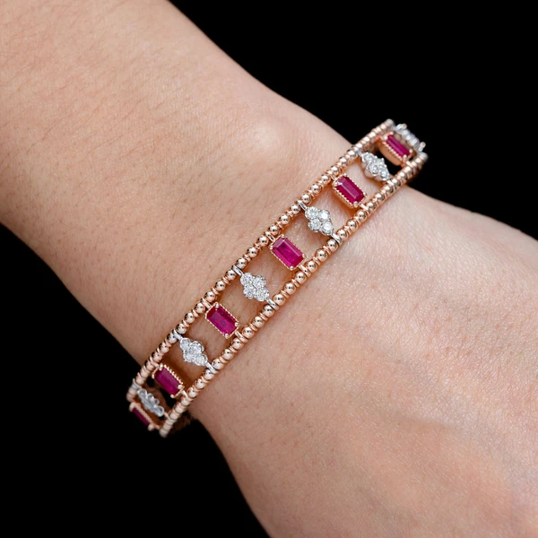 Ruby And Diamond Cluster Stone Beaded Bangle Bracelet 14k Solid Gold 2.70ctw