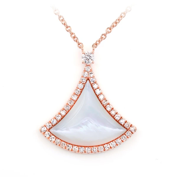Curved Mother Of Pearl Triangleand Diamond Pendant Attached Necklace 14k Solid Gold 3.00ctw