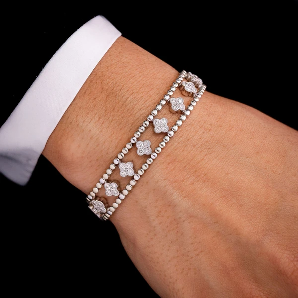 Diamond Beaded Open Clover Flex Bangle Bracelet 2.50ctw 14k Solid Gold 
