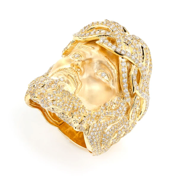 Jesus Signet Crown Of Thorns Diamond Ring Solid Gold 3.25ctw