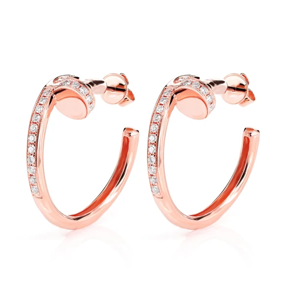  Nail Half Diamond Hoop Earrings 14k Solid Gold 0.45ctw