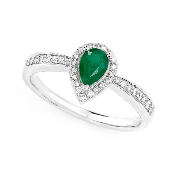 Pear Emerald Gemstone And Diamond Halo Ring 14k Solid Gold 0.50ctw