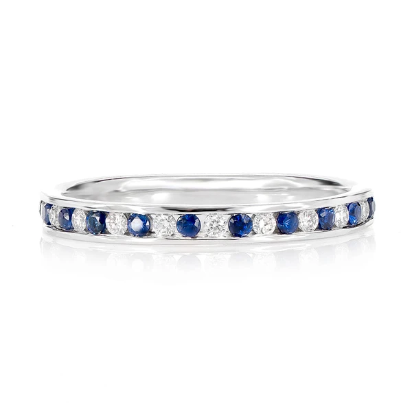 Sapphire And Diamond Channel Set Band Ring 14k Solid Gold 0.33ctw